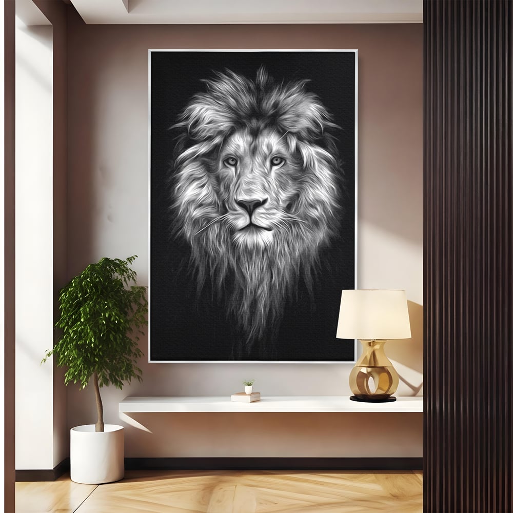 Tablou canvas cu tablou canvas cu leu alb negru, in rama de aluminiu argintiu